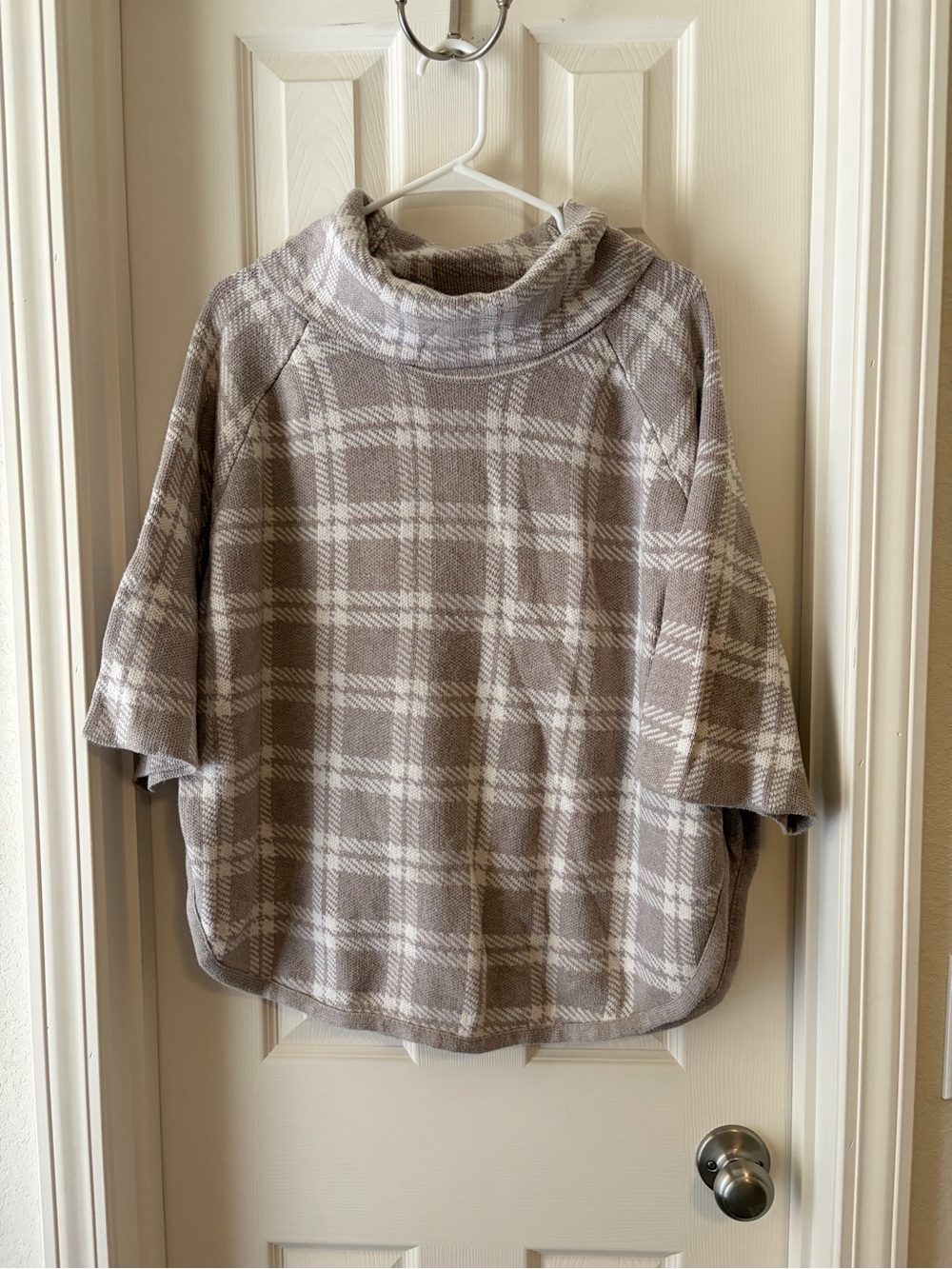 LOFT Plaid Cowl-Neck Sweater in Taupe and Cream